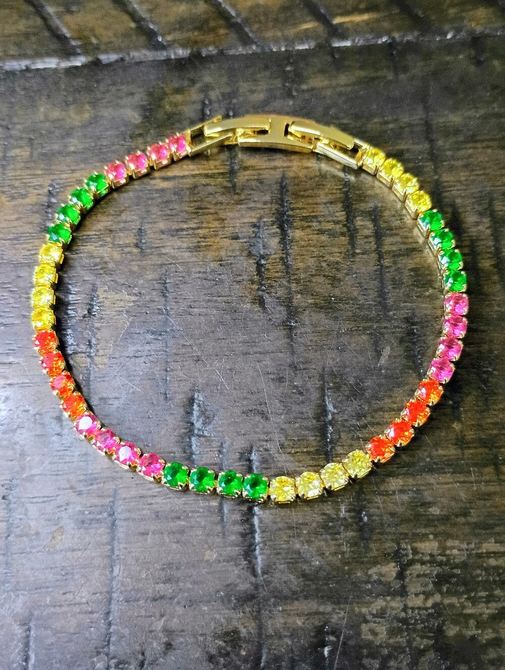 New Gold Plated Multicolor Tennis Bracelet - Pink, Green & Yellow